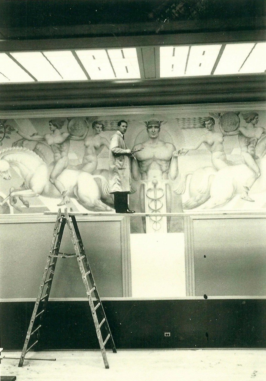 Angelo Lanzini painting a mural at Treasure Island in the late 1930s.