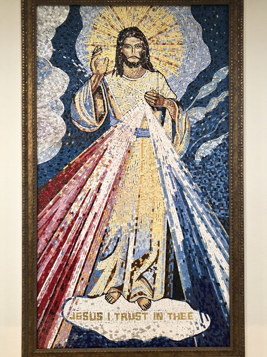 Framed Divine Mercy mosaic with Jesus and red and pale rays at Saint Columban in Garden Grove.