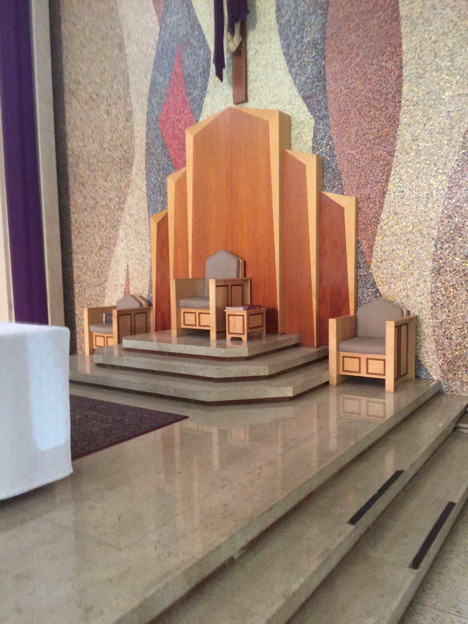 Church reredos and stepped platform before the gold mosaic tabernacle niche was fitted.