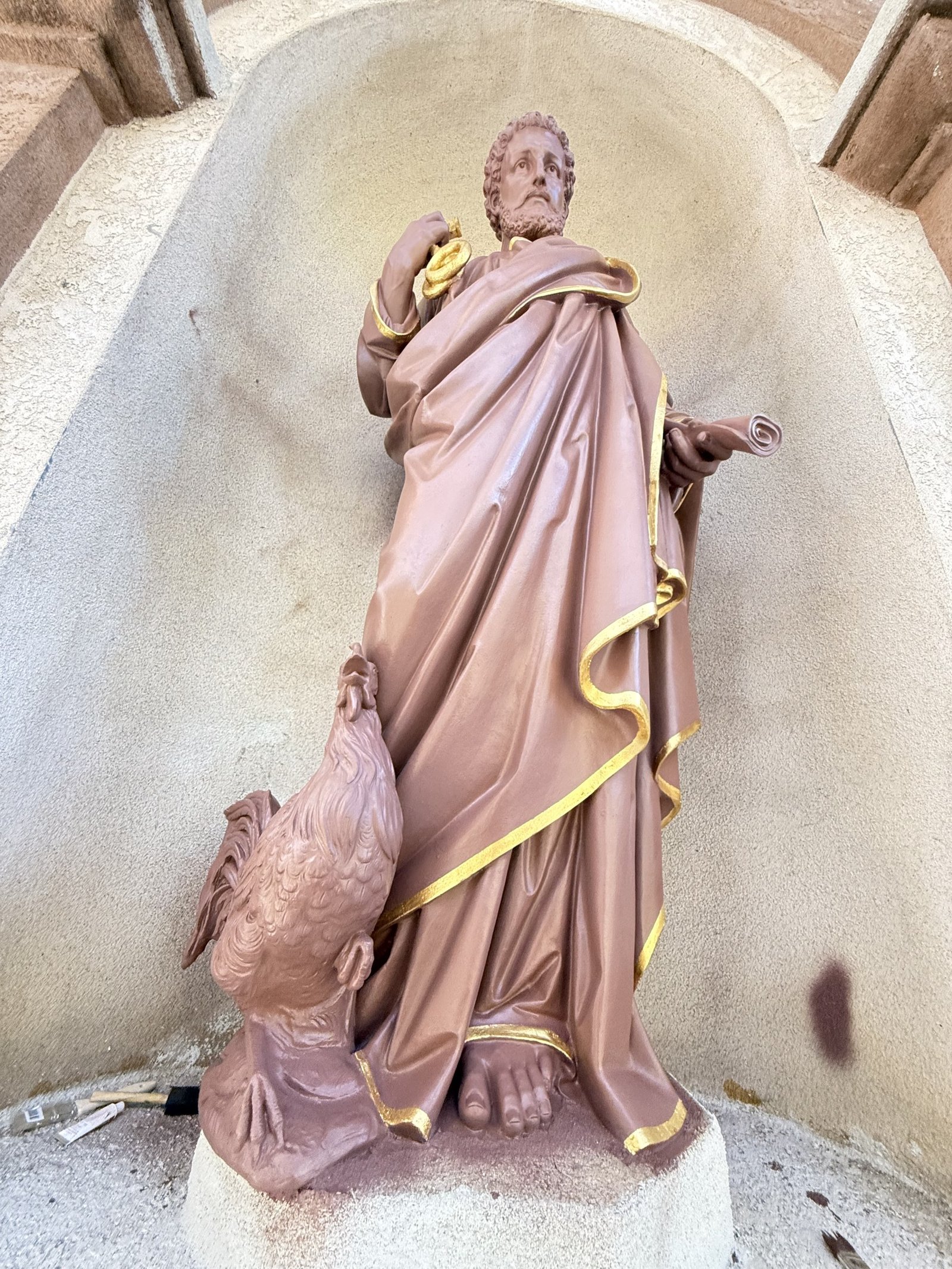 Terracotta statue restoration and exterior painting at St. Francis of Assisi in Sacramento