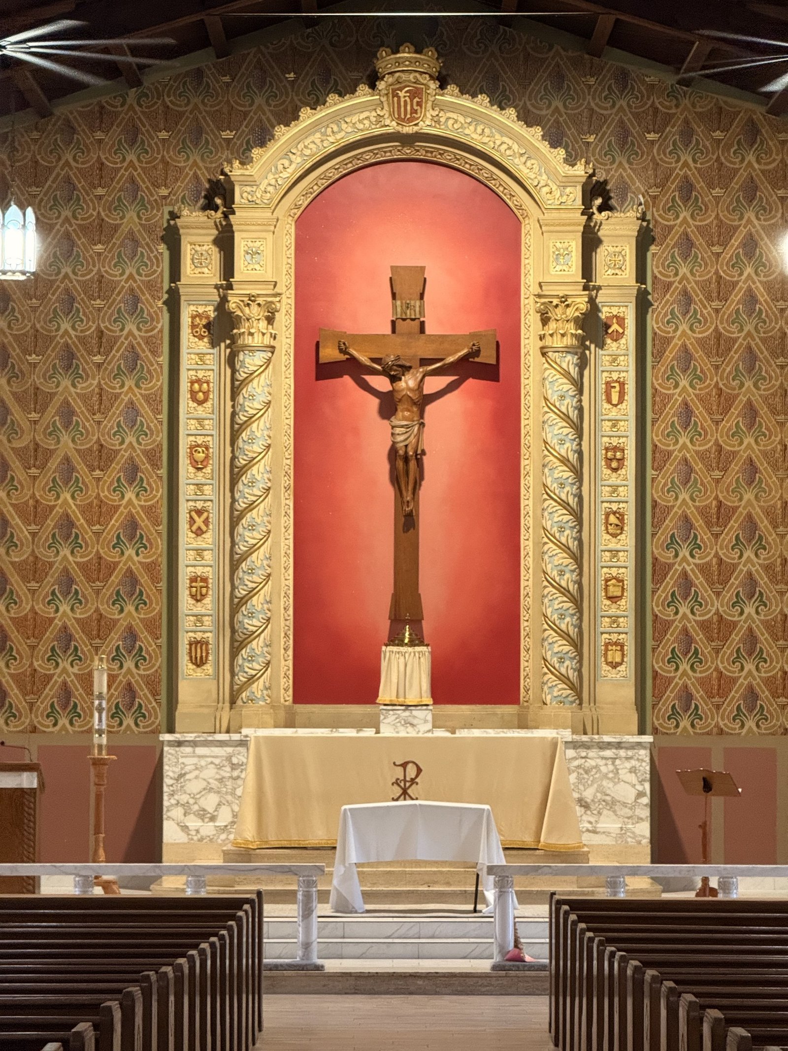 Reredos, Stations of the Cross and decorative painting at St. Anne’s in Porterville